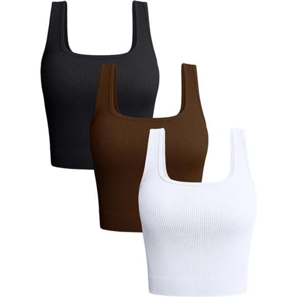 Women's 3 Piece Tank Tops Ribbed Seamless Workout Exercise Shirts Yoga Crop Tops - Picture 1 of 4